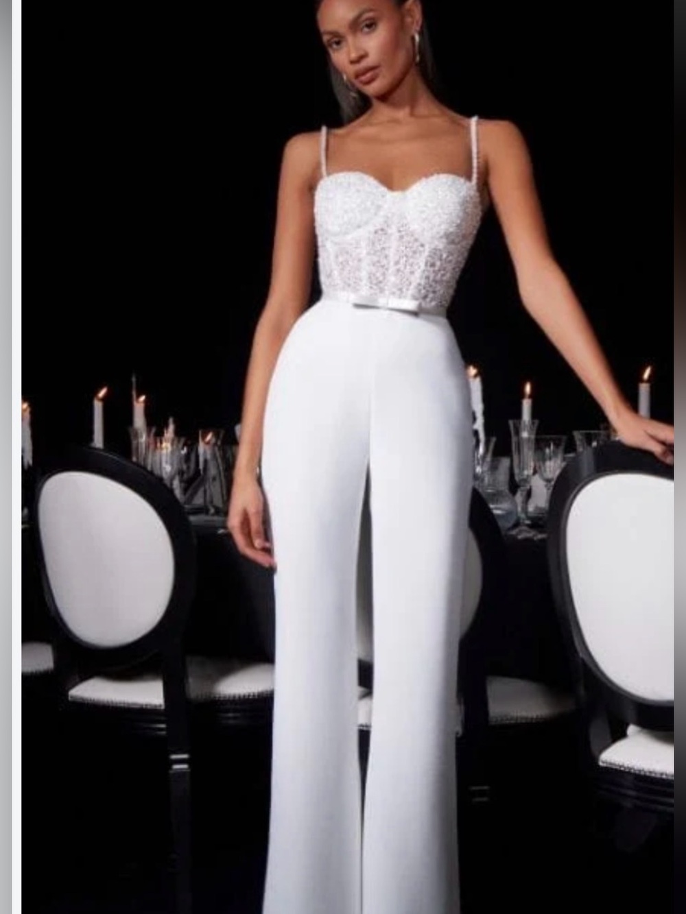 Nadine Merabi Aurora Elegant White Lace Bustier bridal and evening Jumpsuit